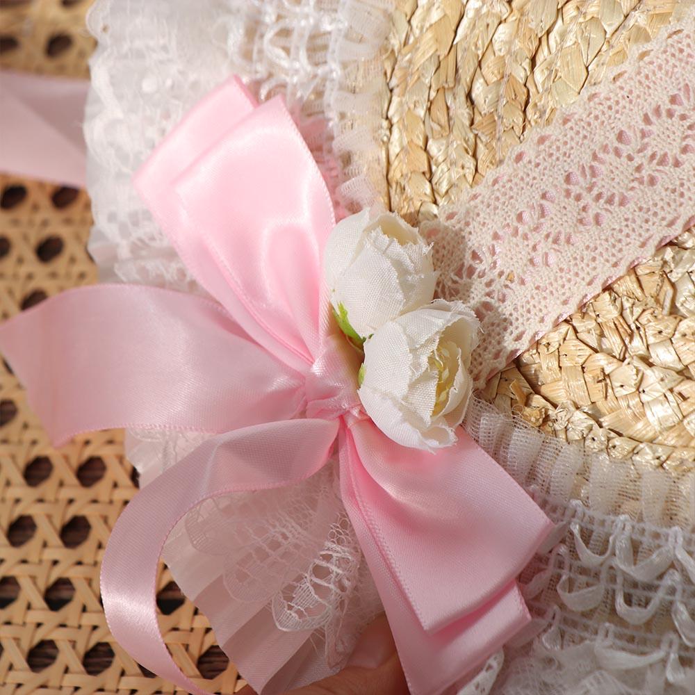 Lace Lolita Bonnet Flat Top Bow Ribbon Flower Cap Elegant Lolita Straw Hat  Lolita Accessories