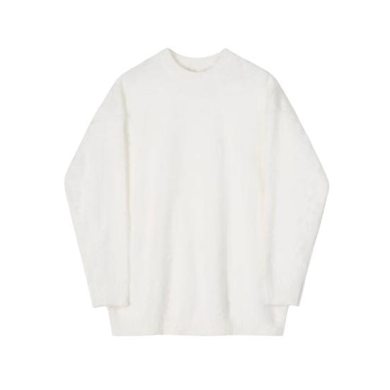 Осенне-зимний мужской свитер, свободный, толстый, трикотажный, пушистый, однотонный, с круглым вырезом, длинным рукавом, эластичный, средней длины, свитер для повседневной носки