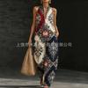Bohemian print top, wide-leg pants, two-piece set, one casual vacation set.