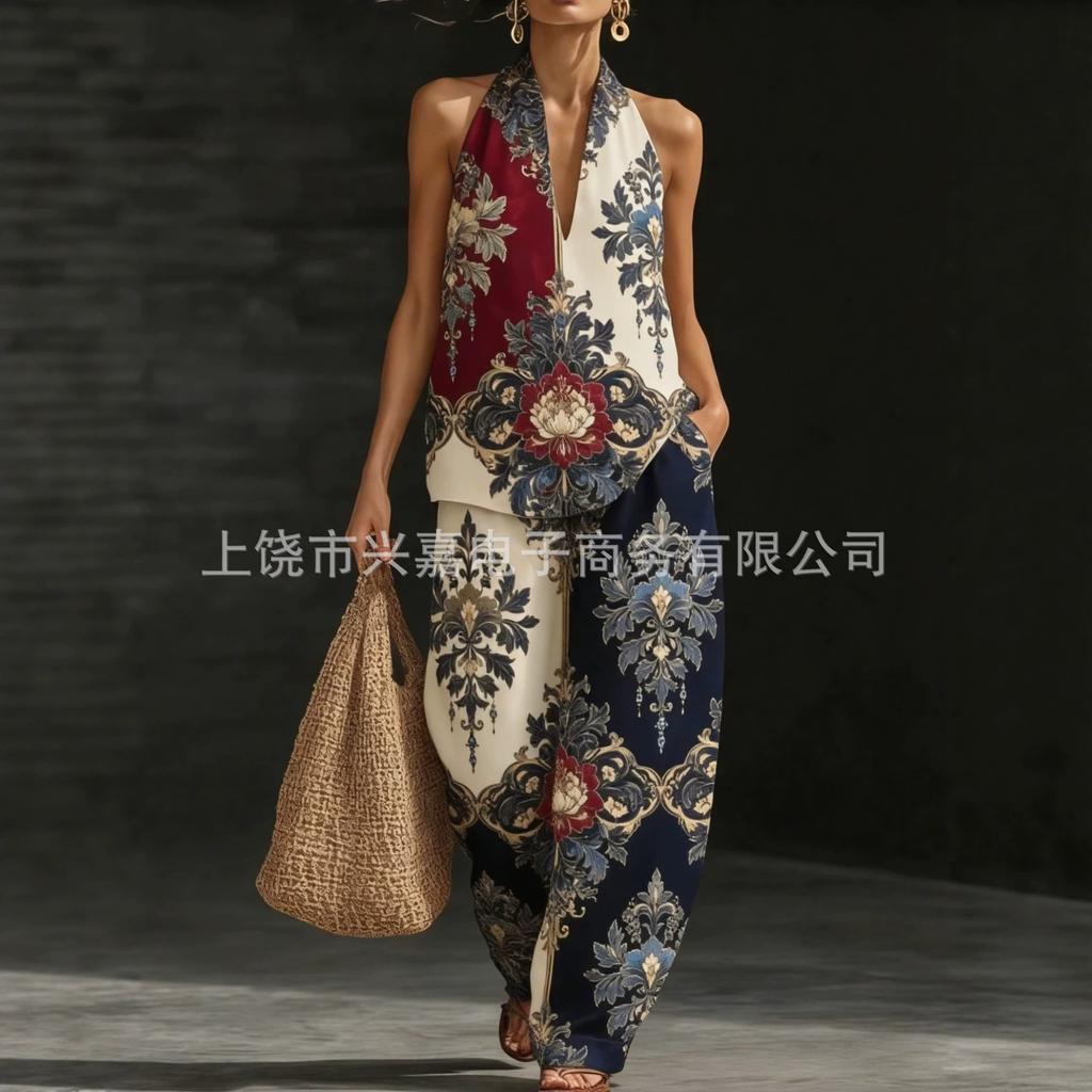 Bohemian print top, wide-leg pants, two-piece set, one casual vacation set.