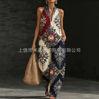 Bohemian Print Top, Wide-leg Pants, Two-piece Set, One Casual Vacation Set.