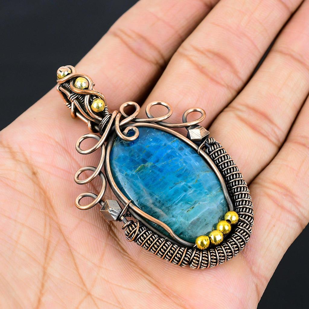 Неоновый синий апатит драгоценный камень чистая медная проволока обернутая ювелирные изделия ручной работы кулон для нее