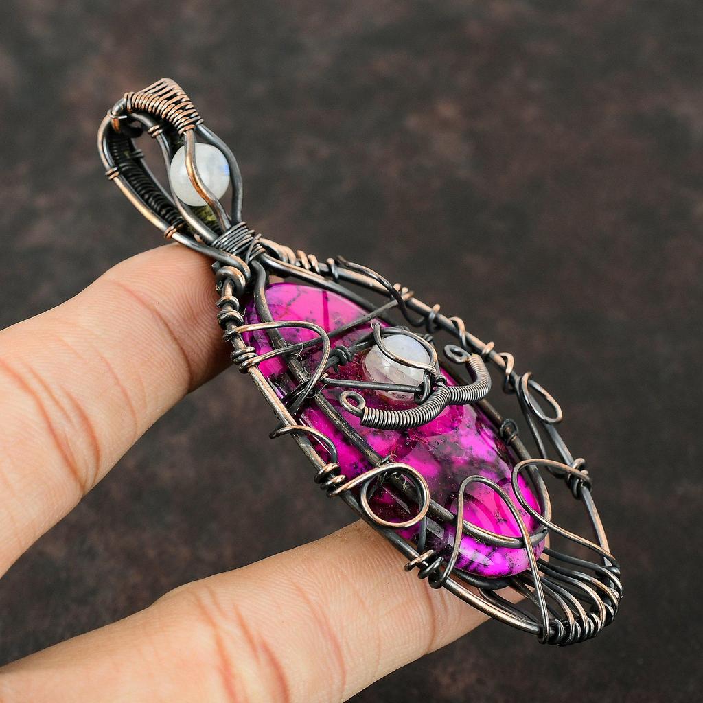 Подвеска с розовым дендритом и опалом от сглаза, подвеска из медной проволоки, ювелирные изделия ручной работы, медная подвеска для подарка, подвеска из драгоценного камня, ювелирные изделия из лунного камня