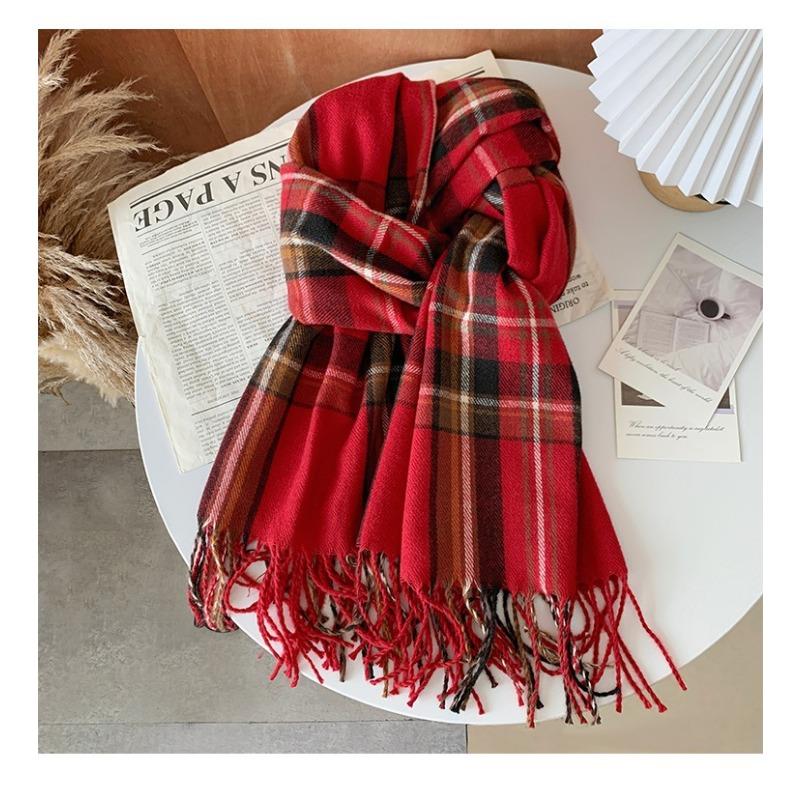 Осенне-зимний клетчатый шарф для женщин, теплая женская шаль с кисточками из искусственного кашемира
