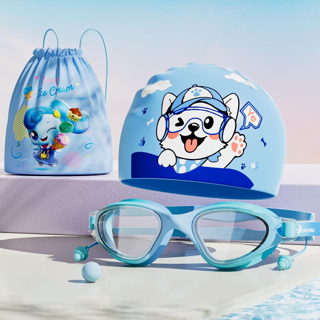Children's swimming goggles for girls, high-definition, waterproof, anti-fog, girls' and boys' swimming goggles and swim cap set, professional diving