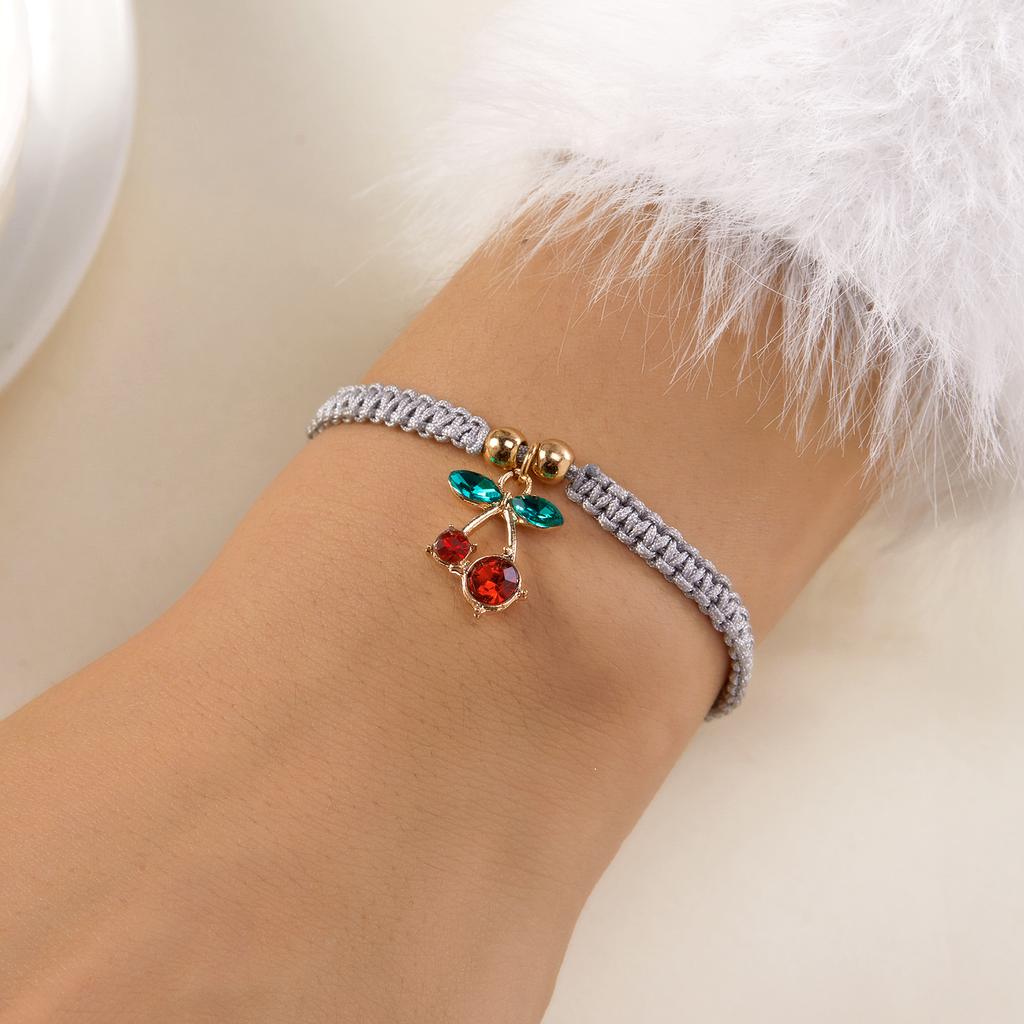 Fashion Simple Rhinestone Cherry Braided Bracelet for Women Delicate Colorful Charm Rope Bracelet Girls Party Jewelry Gift