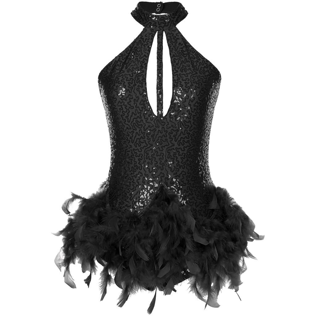 Womens Stage Performance Dancewear Halter Sleeveless Backless Shiny Sequins Feather Dance Leotard
