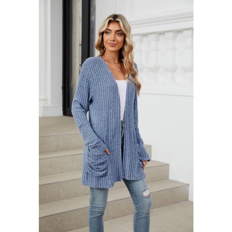 Осенне-зимняя женская блузка, однотонный кардиган с карманами и длинными рукавами, трикотаж