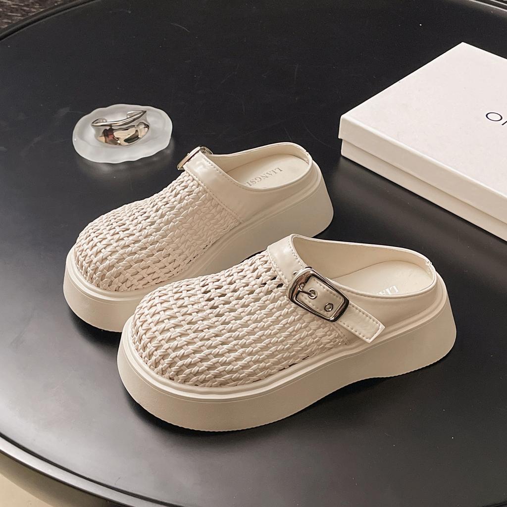 Женские лоферы на платформе-маффине, новинка 2025 года, весенне-летняя взрывная модель, ретро, плетеный мысок, полушлепанцы, маленькие сандалии