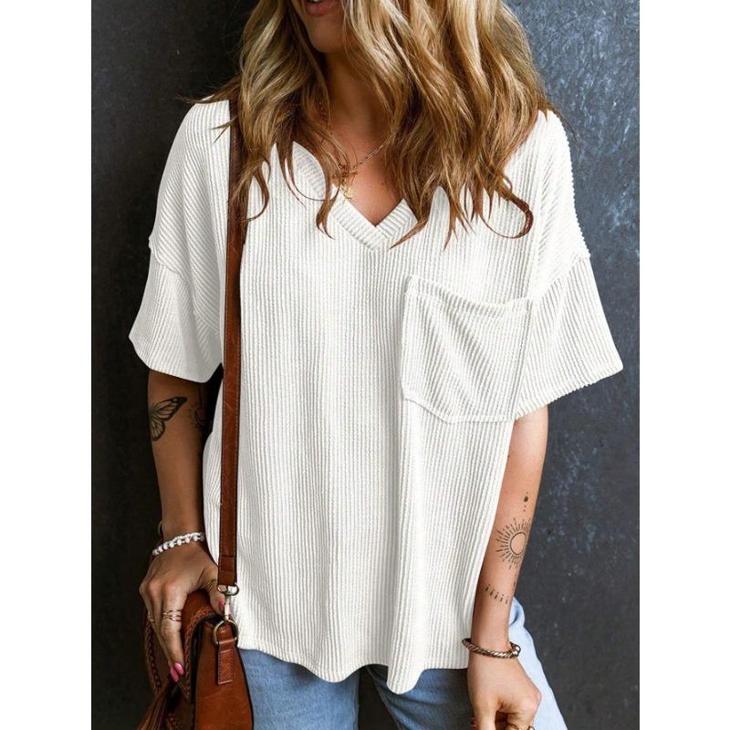 Плюс Размер Женский Летний Новый Повседневный Однотонный Пуловер С V-образным Вырезом Топ с Коротким Рукавом