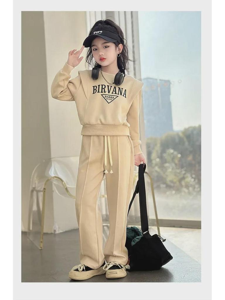 Корейский повседневный костюм-двойка для девочек: Стильный топ с буквами и брюки с длинным рукавом на весну и осень