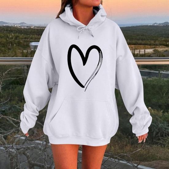 Женские толстовки с принтом сердец, осенние, с длинным рукавом, пуловер на шнурке, оверсайз, флисовая подкладка, с карманом