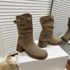 Модные новые осенне-зимние женские ботинки из коровьей замши, модные ботинки на платформе для женщин, ботинки до середины икры на массивном каблуке, женская обувь, ковбойские ботинки