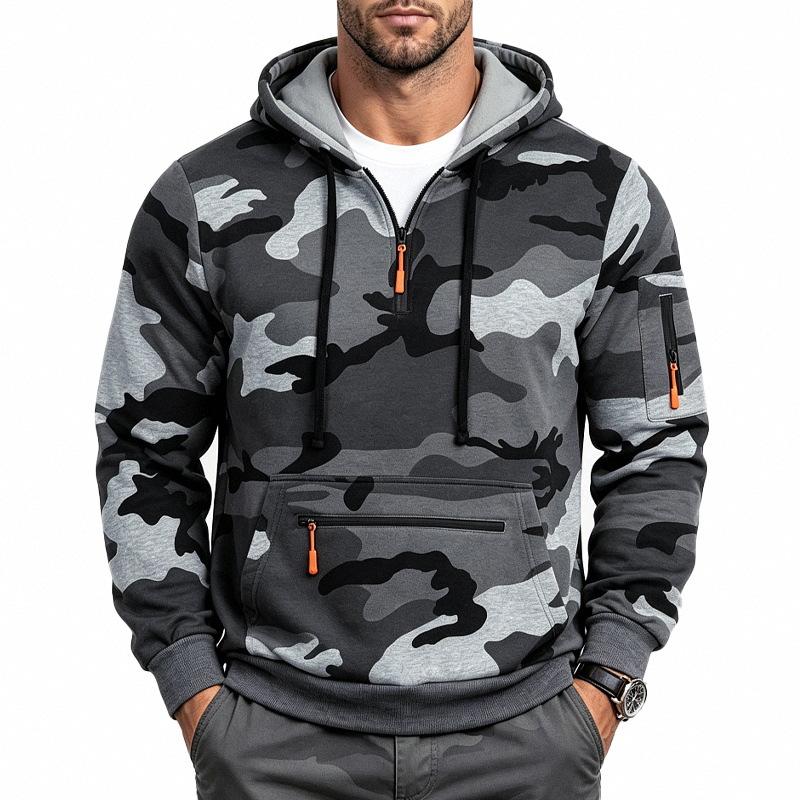 Men S Outdoor Casual Camo Fleece Half Zip Hooded Long Sleeve Sweatshirt