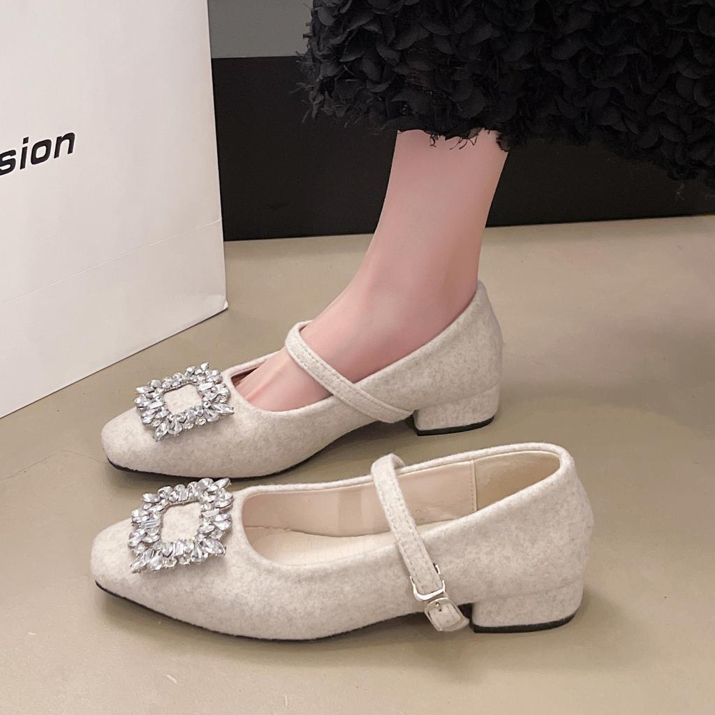 Fashion New Eelgant Rhinestone Women's Heels Square Toe Sexy Pump Chunky Heels Dress Shoes Grey White Mary Jane Single Shoes