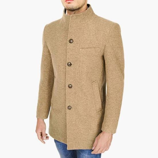 Мужское шерстяное пальто с воротником-стойкой и длинными рукавами, однобортные карманы, повседневная ветровка средней длины, верхняя одежда