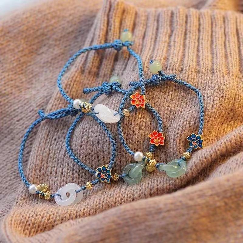 Этнический стиль Цветок Лотос Нефрит Жемчуг Плетеные Браслеты Регулируемый Тканый Браслет Для Женщин Ювелирные Изделия Аксессуары