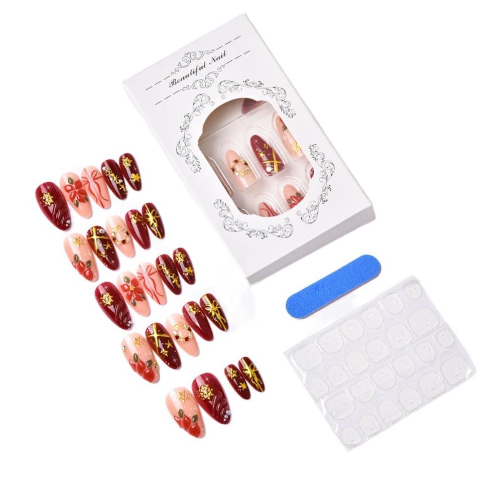 24/30PCS Horse Year Bow Nail Decorations Pearl Rhinestones 3D Nail Art Drills Red Series Butterfly Nail Art Jewelry