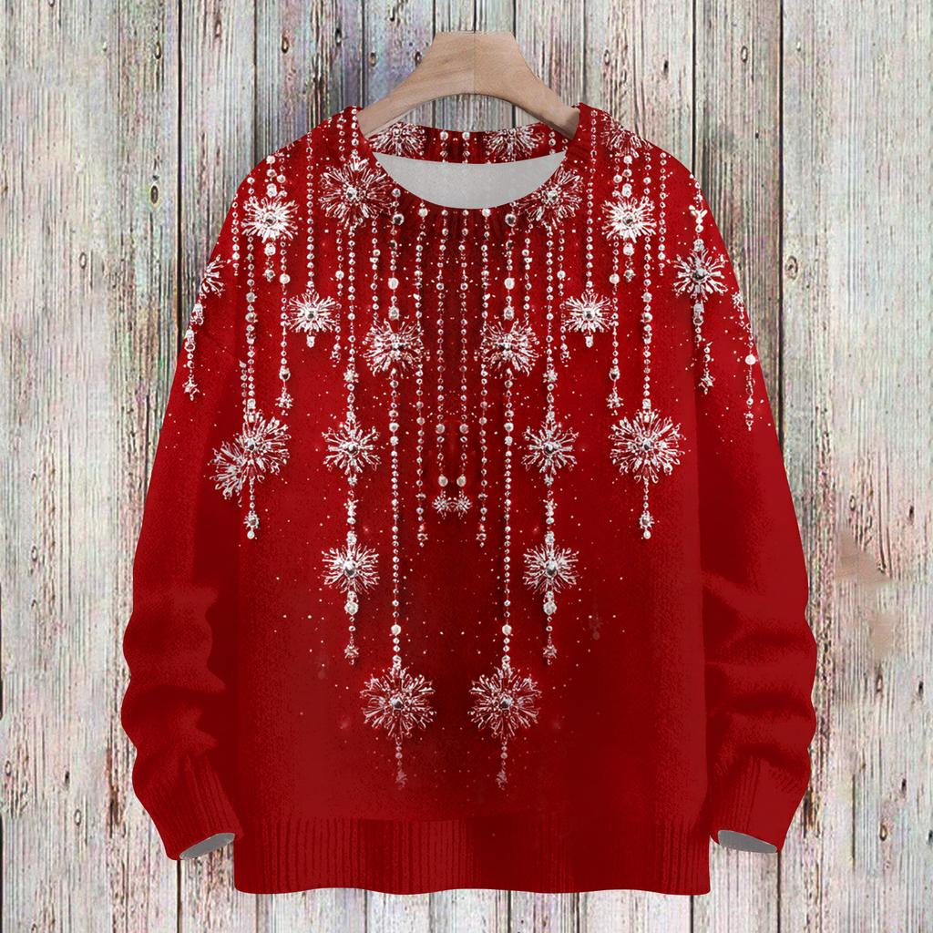 Женский Модный И Повседневный Рождественский Милый Принт Круглый Вырез Длинный Рукав Вязаная Пряжа