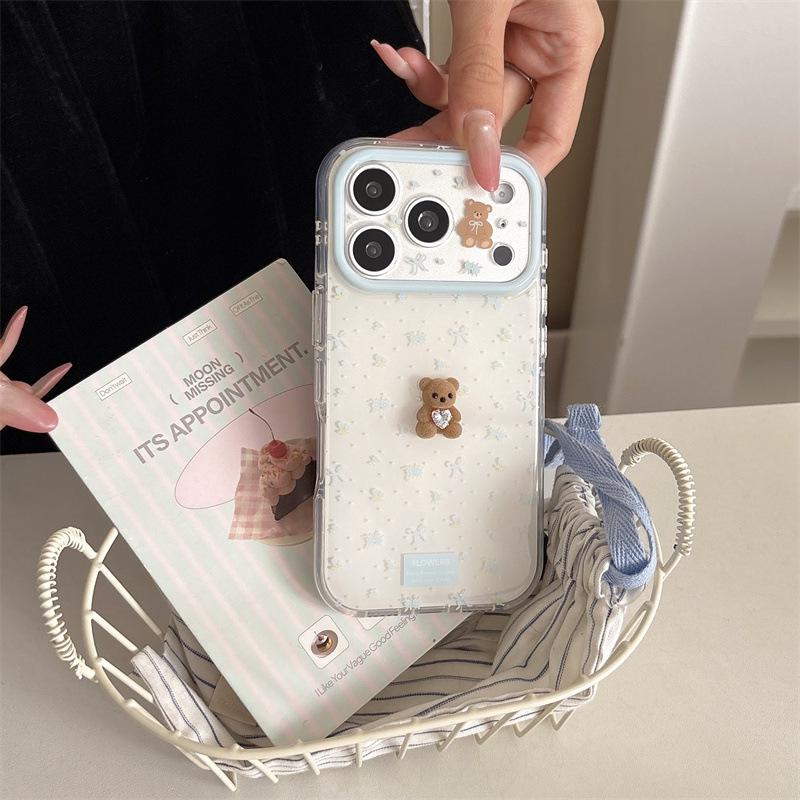 Korean Style Blue Floral 3D Little Bear Compatible Phone Case for iPhone 17/16 Pro Max/15 Pro