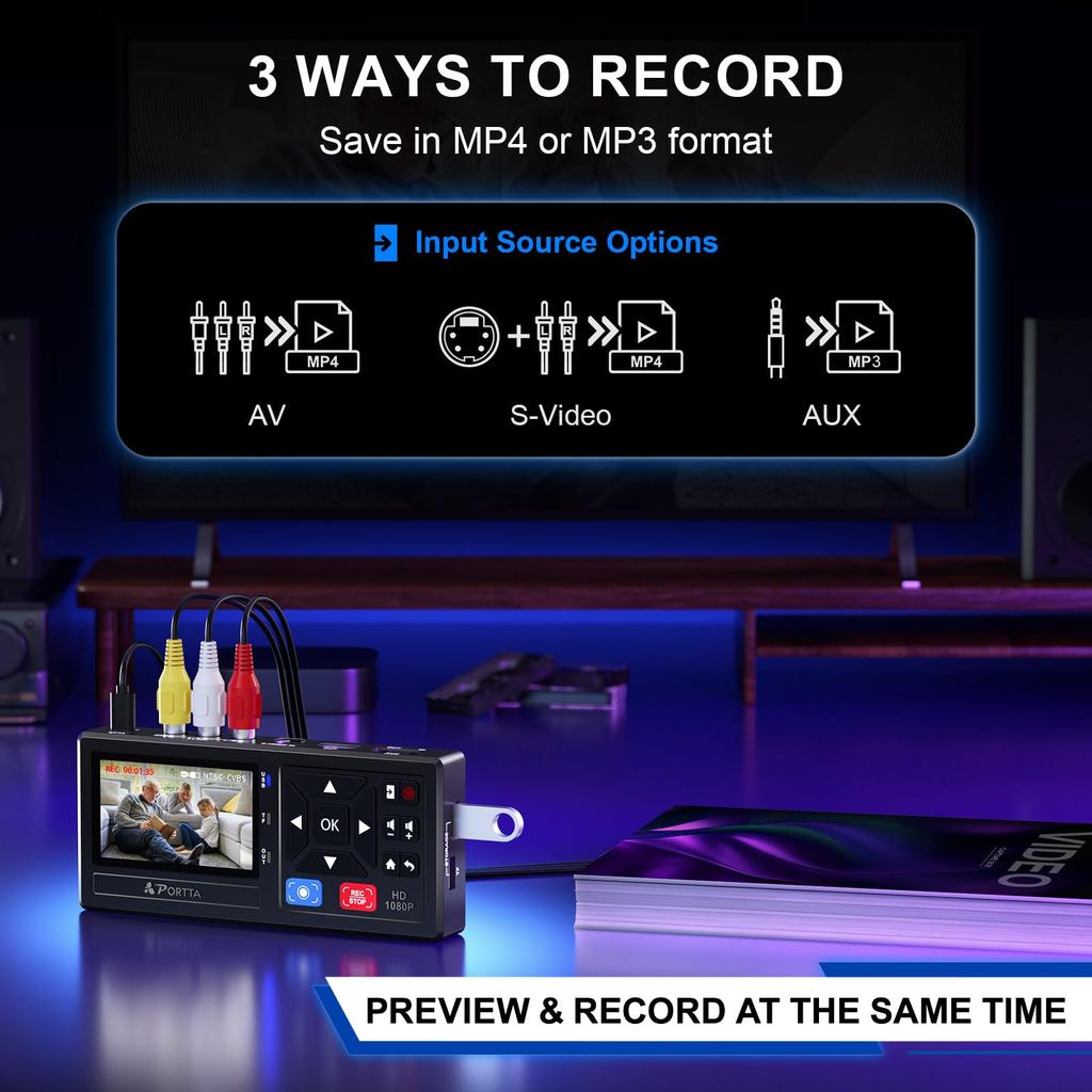 Portta Video Capture VHS Data Converter Видео Видео Цифровая машина Цифровое хранилище Видеокассета Кассета Дубляж Мини-издание Видеомагнитофон VHS Кассета AV