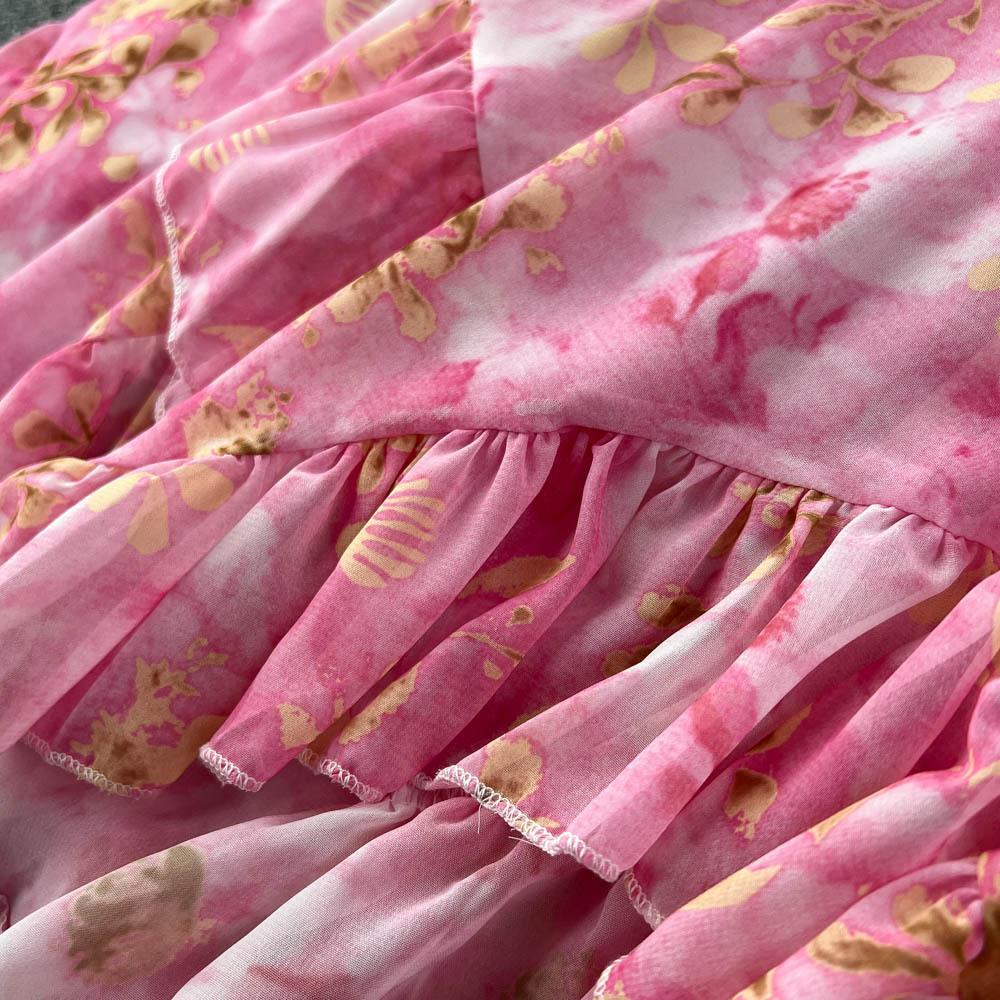 Весеннее женское летнее бандажное платье в стиле ретро с цветочным принтом, элегантное шифоновое платье трапециевидной формы с рукавами-фонариками и шнуровкой, с высокой талией, длинные платья