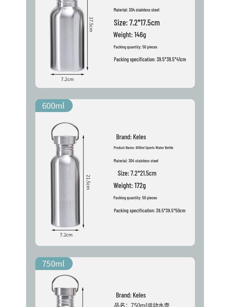 304 Stainless Steel Wide Mouth Sports Water Bottle, Large Capacity with Handle