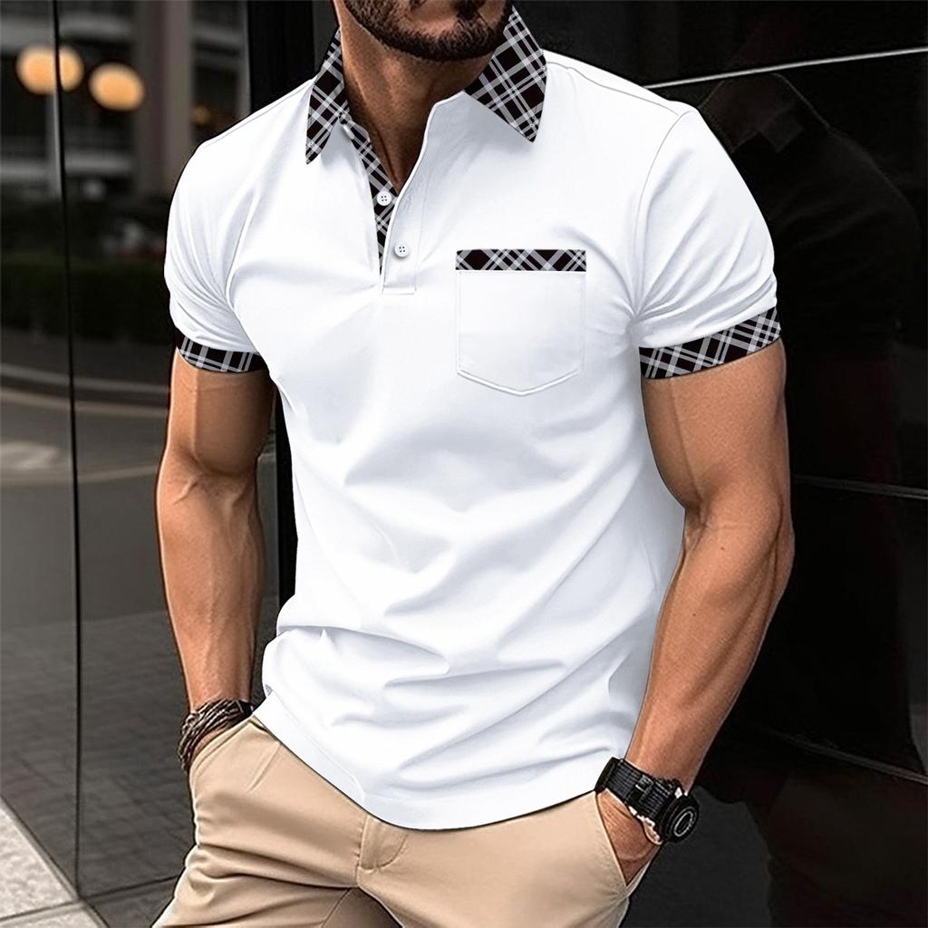 Men's Casual Polo Shirt with Chest Pocket Fashionable Color Matching Lapel Versatile T-shirt