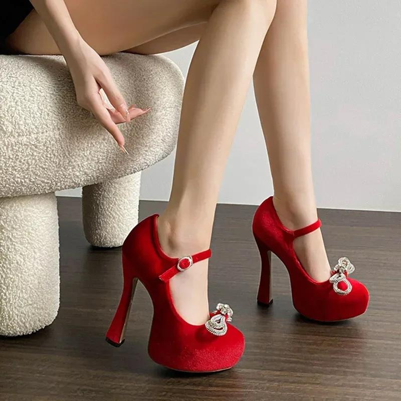 Red Bow Rhinestone 13CM High-heeled Women Shoes 2025 New Spring Single Buckle Suede Thick Heel Wedding Shoes