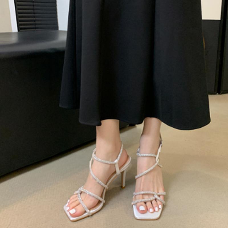 Женские элегантные босоножки с кристаллами, квадратным открытым носком, пряжкой, высоким каблуком, сексуальные туфли для банкета и вечеринки