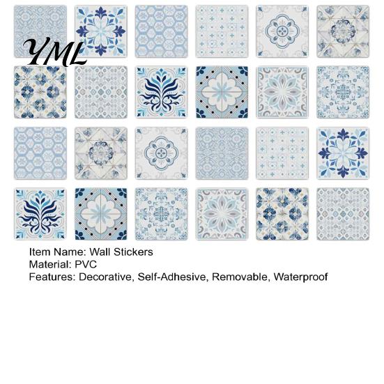 Easy Clean Wall Covering 24Pcs Peel And Stick Backsplash Tile, Retro Blue PVC Kitchen Backsplash, Decorative Tile Patterns Stickers, Waterproof
