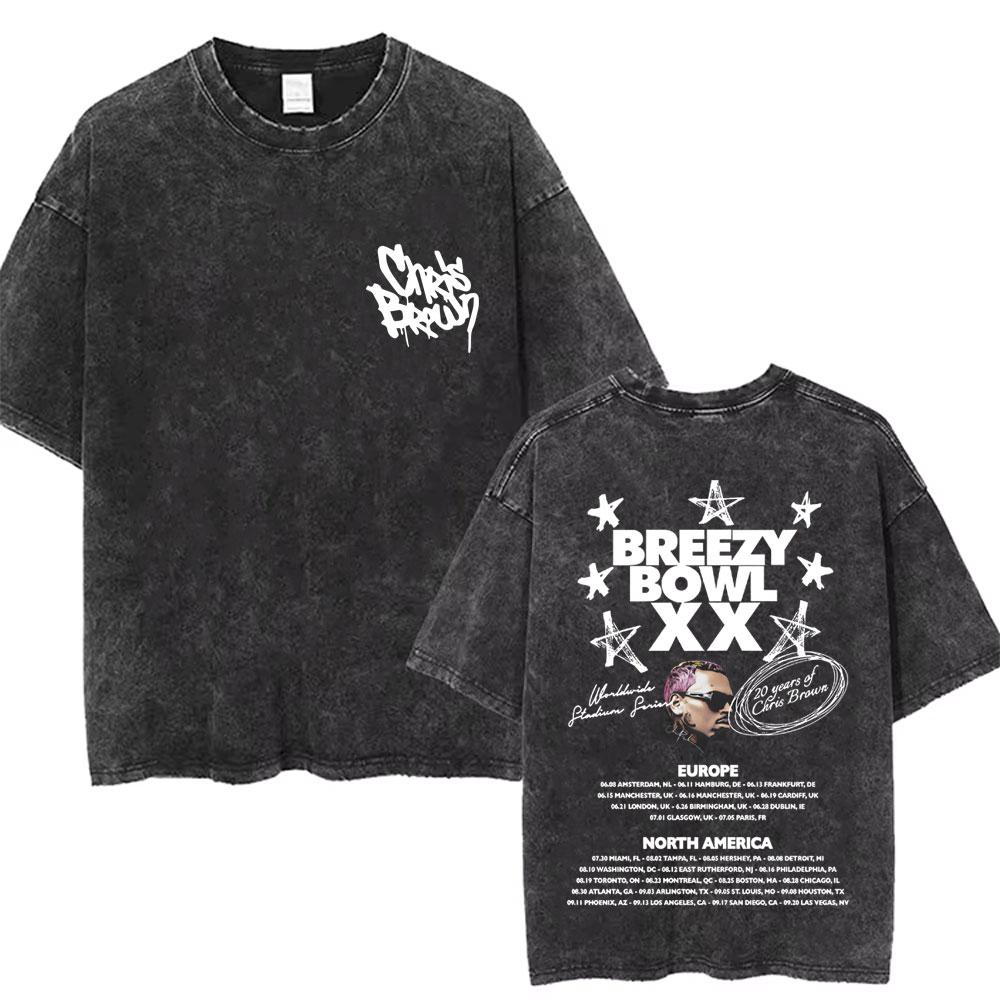 Washed Chris Brown Music Album Cover Print Tshirt Breezy Bowl XX Tour Merch T Shirts Men Women Hip Hop High Quality Tshirt