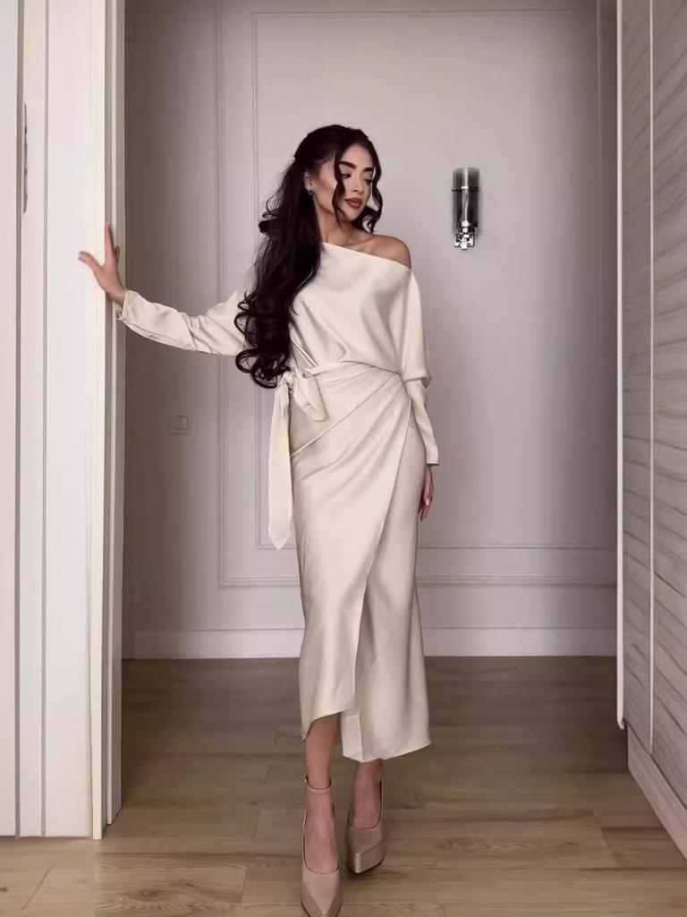 2024 Autumn Women's Asymmetric Neck Tie Waist Long Sleeve Dress