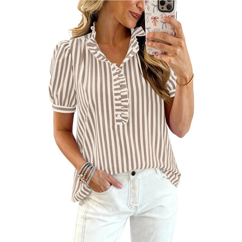 Womens Striped Ruffle V Neck Puff Sleeve Blouse