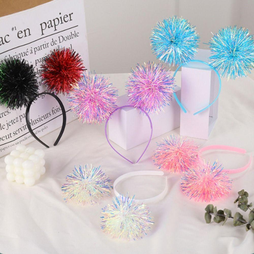 Bling Party Headband Giltering Tinsel Headband Trendy Pompom Ball Headband  Women Girls Pink