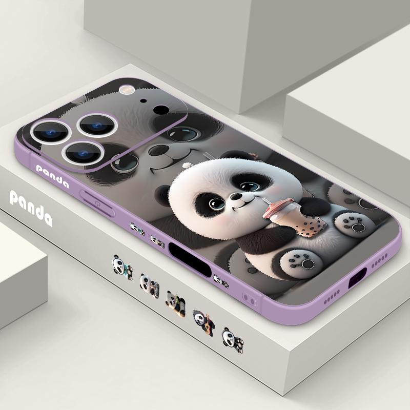 Чехол для iPhone 17 Pro Max с Пандой, пьющей молочный чай, с мягким силиконовым ремешком-шнурком, Чехол для iPhone 16 Pro Max, Чехол iPhone 15 14 13 12 11 16E Air