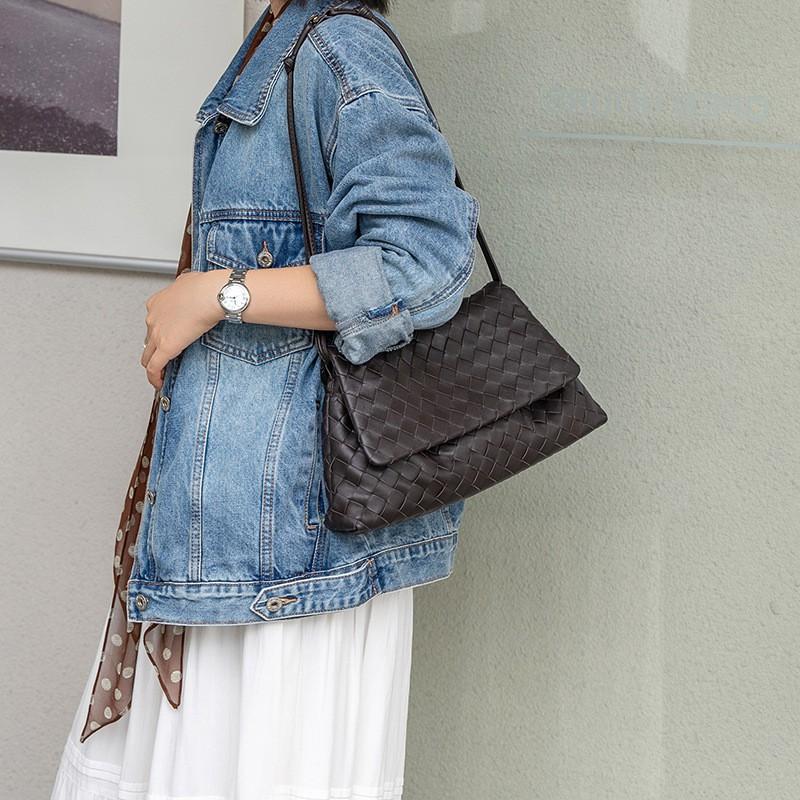 Handwoven Crossbody Bag Women Soft Genuine Leather Shoulder Tote With Magnetic Multi-Pocket Interior