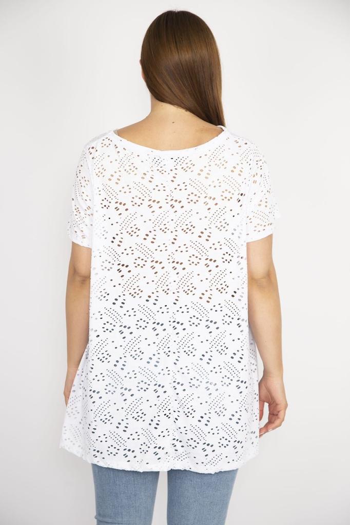 Женская блузка большого размера, белая блузка больших размеров из перфорированной ткани с v-образным вырезом и короткими рукавами