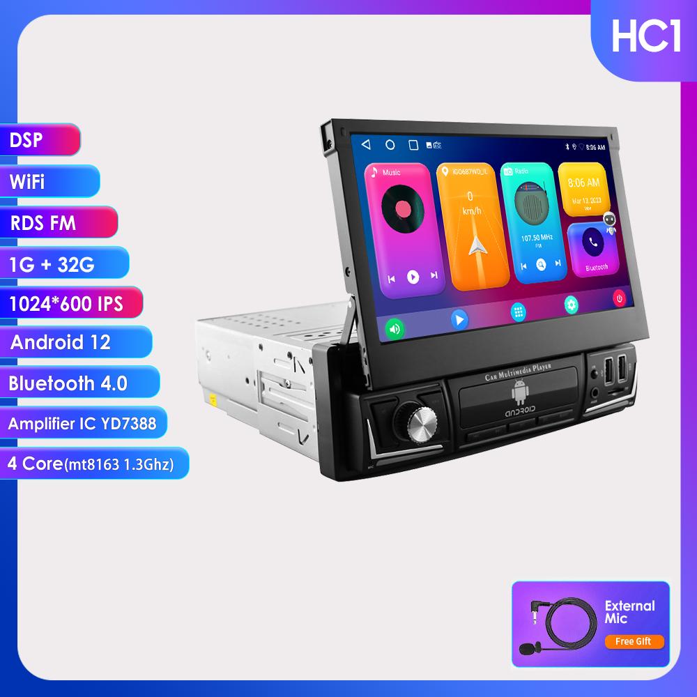 Автомобильная магнитола Hizpo 7 дюймов, одинарный, 1 Din, авторадио, CarPlay, GPS-навигация, выдвижной экран, 1Din, Android 12, мультимедийный плеер, универсальное аудио-видео головное устройство