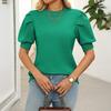 Women Knitting Tops Round Neck Puff Short Sleeve Solid Color Summer Tops