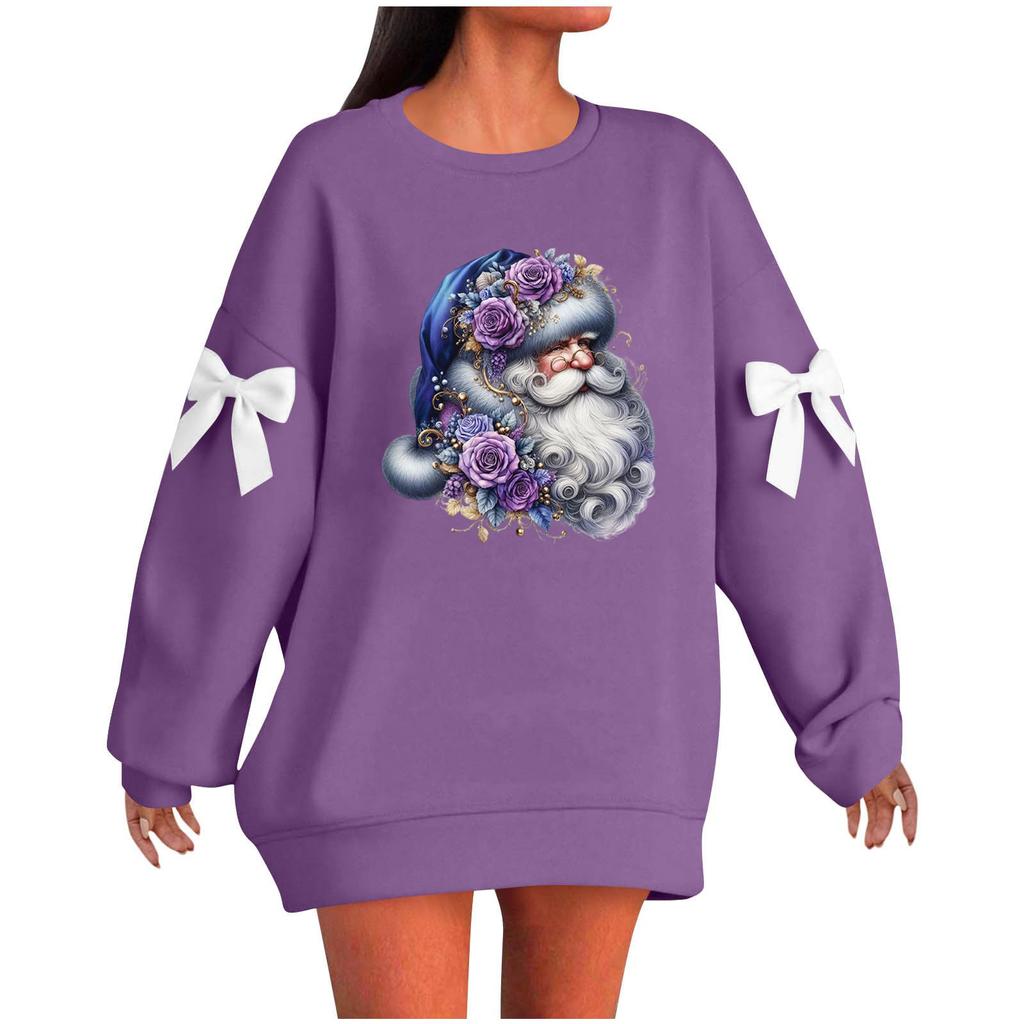 Ladies' Christmas Printed Bow Round Neck Long Sleeved Loose Pullover Sweater Sweatshirt Top