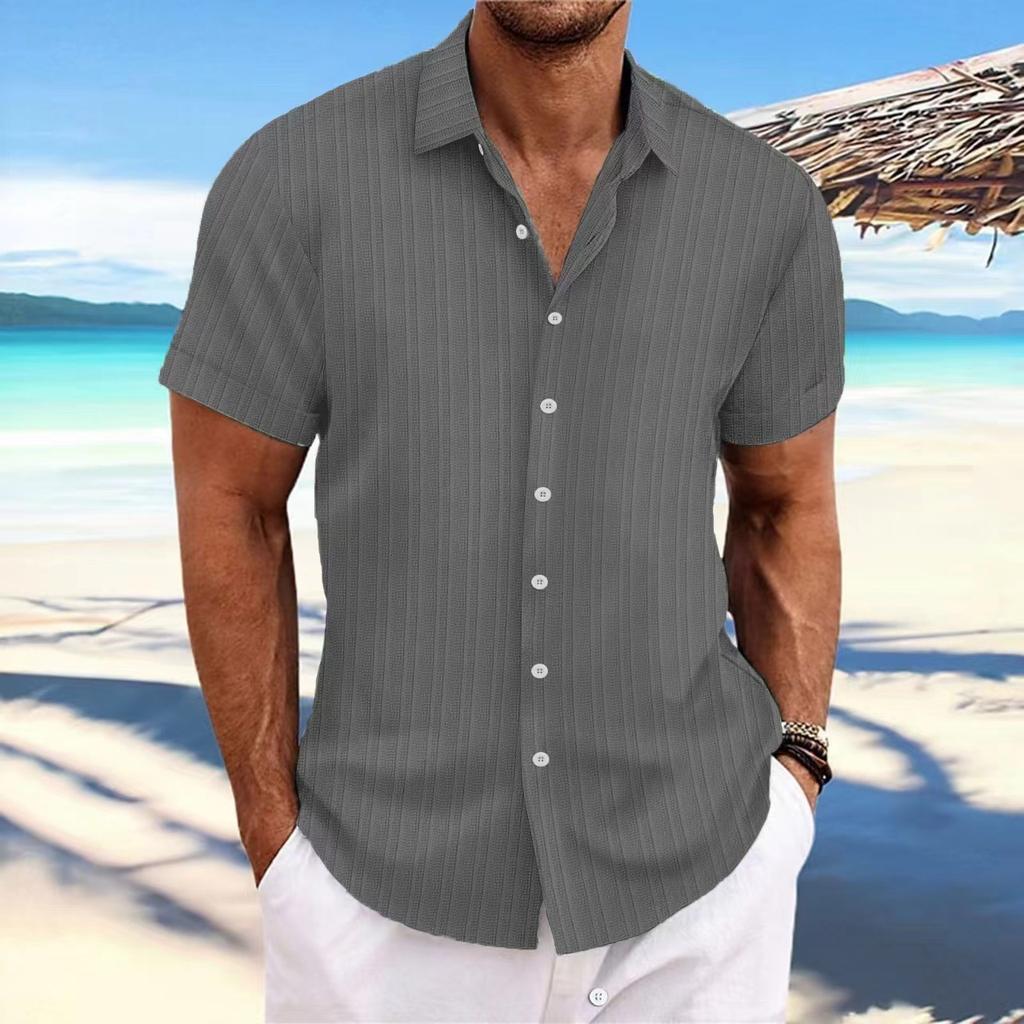 New Men's Linen Striped Jacquard Casual Loose Short-sleeved Shirt
