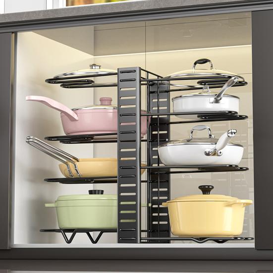 Многоярусный регулируемый органайзер для сковородок, стойка для хранения посуды, держатель для кастрюль и сковородок, подставка для сотейника для кухонной столешницы и шкафа