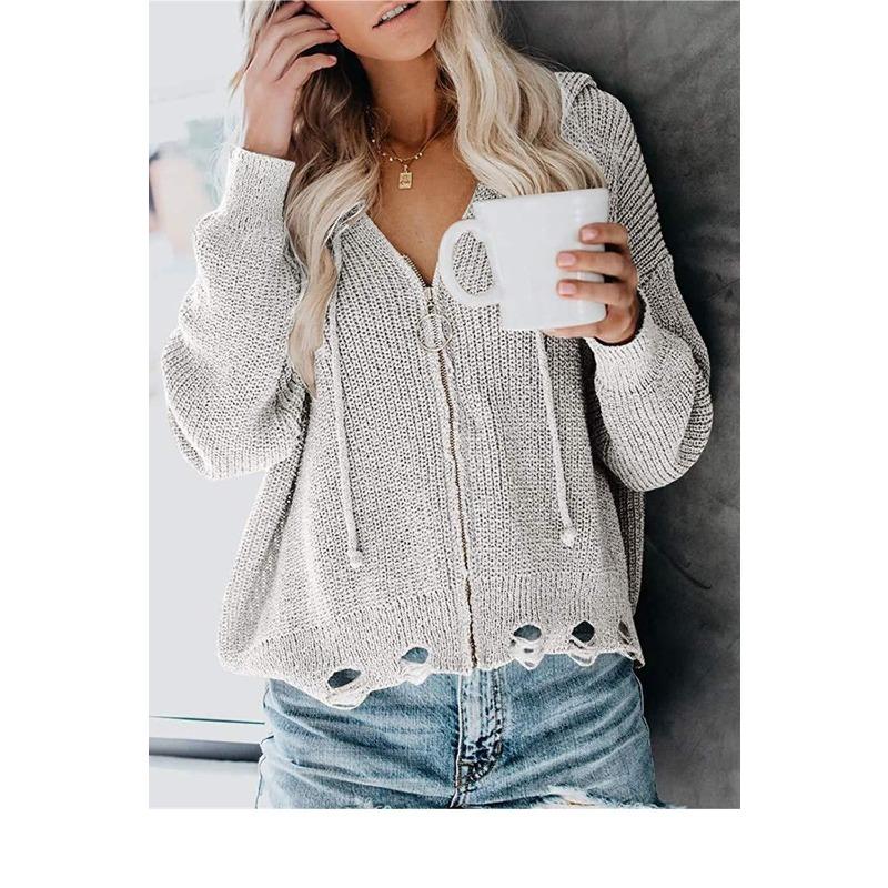Women S Hooded Zip Up Loose Fit Irregular Sweater