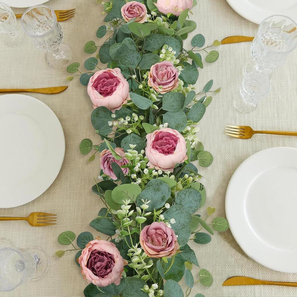 Artificial Peony Eucalyptus Garland, Fake Silk Flowers Wreath Vine for Home, Wall Hangings, Gardens, Arches, Wedding Party Decor