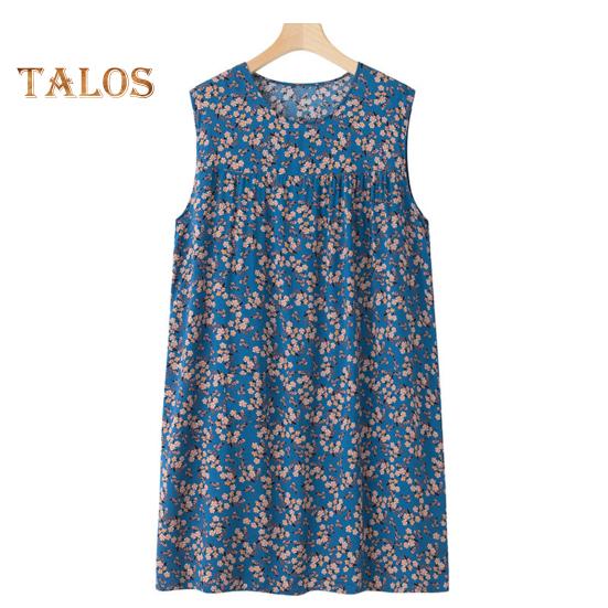 Женская свободная ночная рубашка без рукавов, повседневная сорочка, плиссированное платье для сна, летняя домашняя одежда с круглым вырезом и принтом