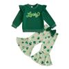 Toddler Girls Spring Outfits Shamrock Pattern Letter Embroidery Long Sleeve Baby Sweatshirts with Flared Pants 2 Pcs Set