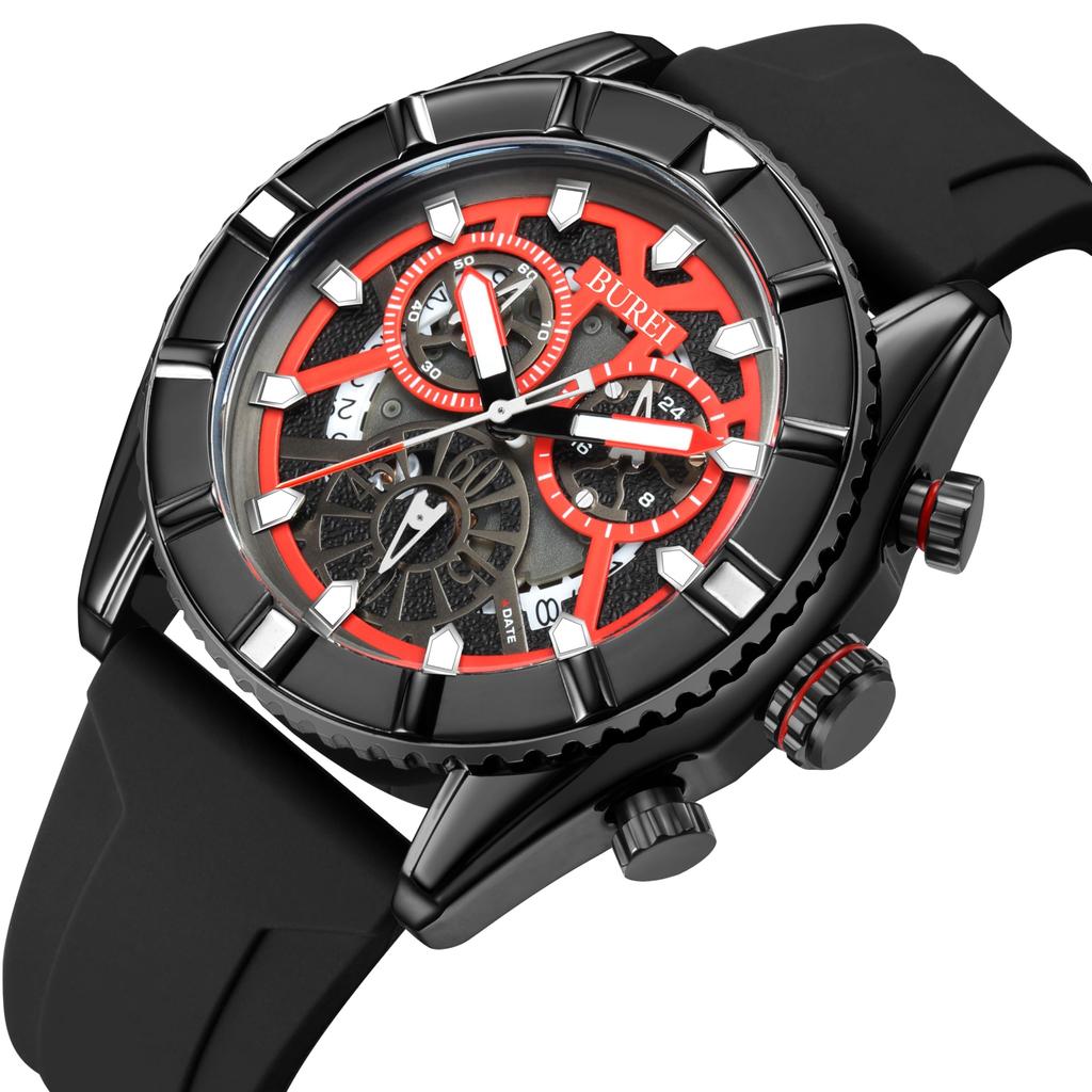 [BUREI] Мужские часы с хронографом, кварцевые, мужские часы, аналоговые, водонепроницаемые, дата, черные, с уретановым ремешком, мужские часы в подарок