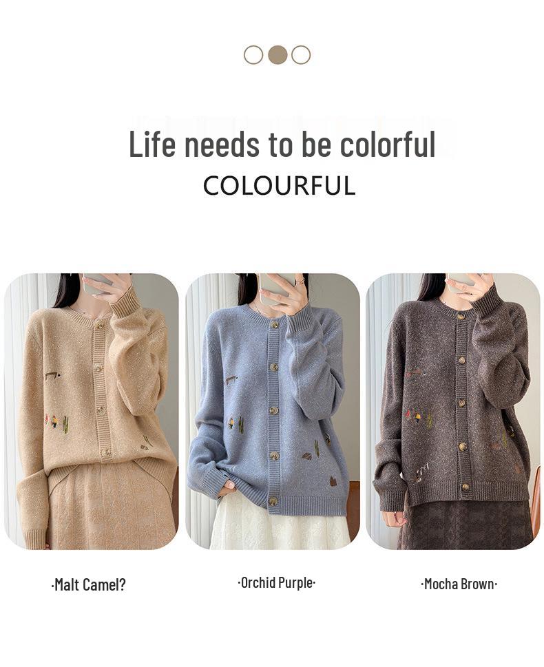 2026 Autumn/Winter Pure Wool Knit Cardigan with Lurex Cactus Embroidery