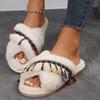 Retro Women Slippers Fur Slides New Flat Low Heels Flock Women Shoes Colorful String Bead Home Furry Slippers Plus Size
